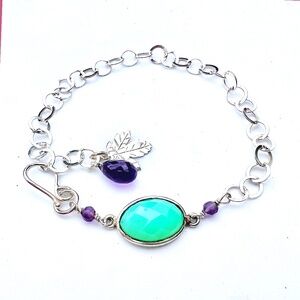 Natural Teal Chalcedony Amethyst Bracelet with Leaf Charm Solid Sterling Silver